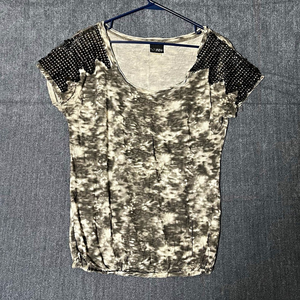 Daytrip Womens S Gray White Black Tie-Dye Scoop Neck Sequin Short Sleeve Top